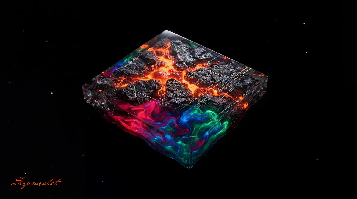 Abstract cosmic art of a jagged, non-spherical planetesimal shard drifting in a dark void, featuring glowing orange magma fissures and fluorescent pink thermal scars on an obsidian surface.