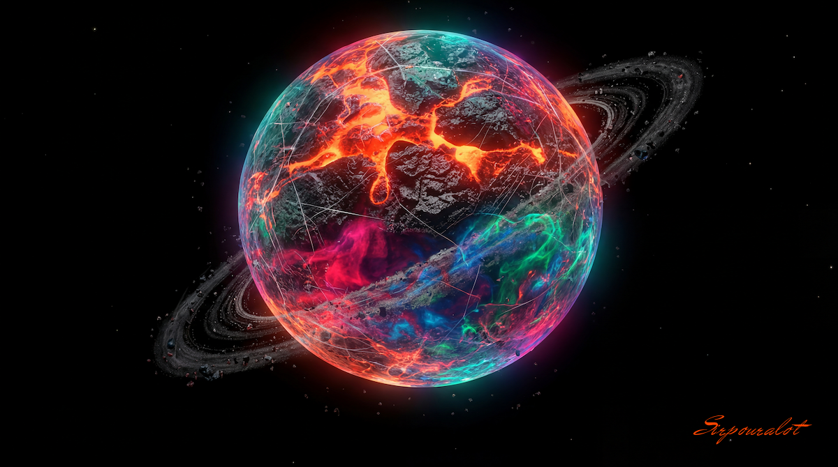 Digital painting of a newly formed spherical planet acting as a gravitational anchor, pulling in prismatic stardust and silicate debris to clear its orbital path in a display of celestial housekeeping.